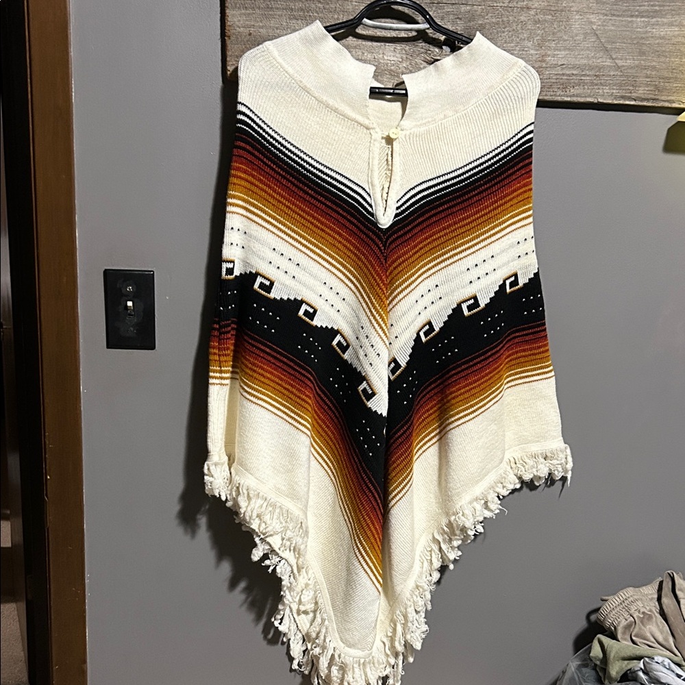 Vintage Boho Knit Cream Southwestern Fringe Poncho with Sunset Stripes